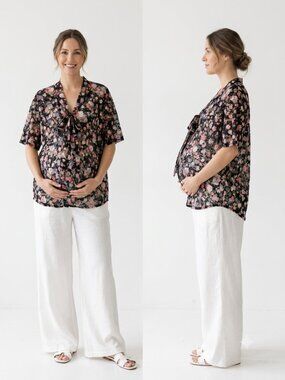 Motive Blouse MATERNITY Mesh Floral Sheer Coquette Casual Black Pink XL